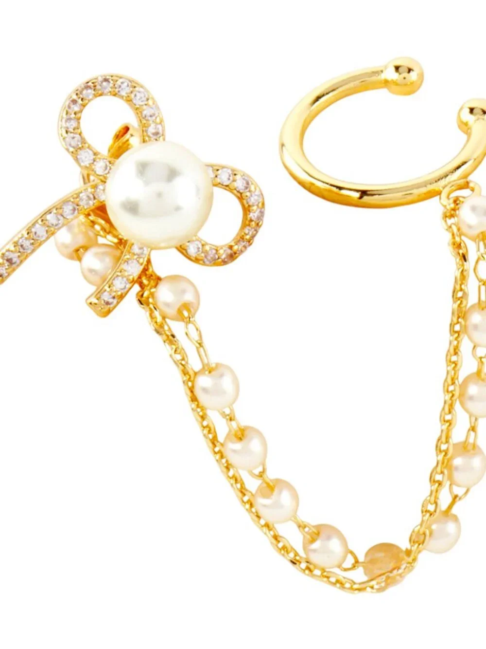 Wrapped in a Bow Gold Pearl Ear Cuff | CZ & Pearl Chain Drop | NEW